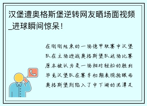 汉堡遭奥格斯堡逆转网友晒场面视频_进球瞬间惊呆！