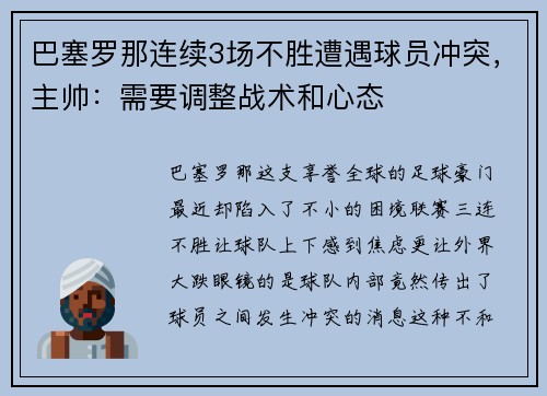 巴塞罗那连续3场不胜遭遇球员冲突，主帅：需要调整战术和心态