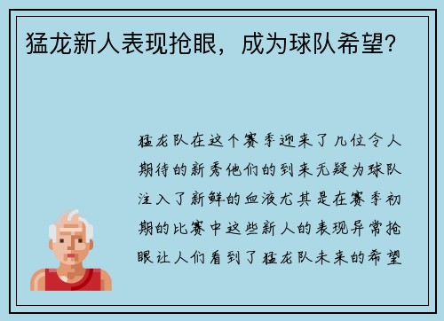 猛龙新人表现抢眼，成为球队希望？